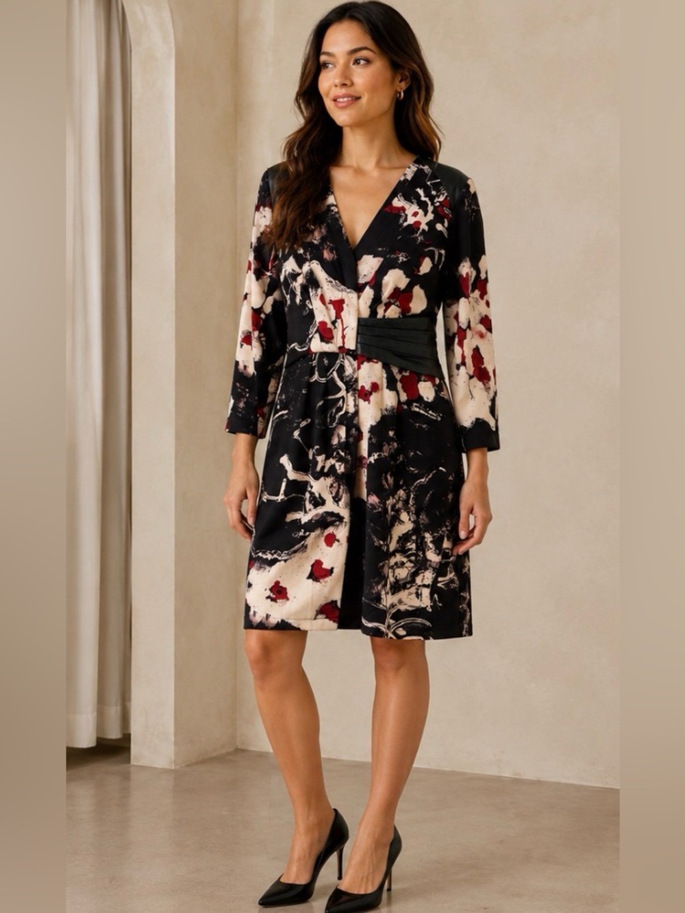 Hilton Hollis Abstract Print Sheath Dress w/ Genuine Leather Accents Size 14